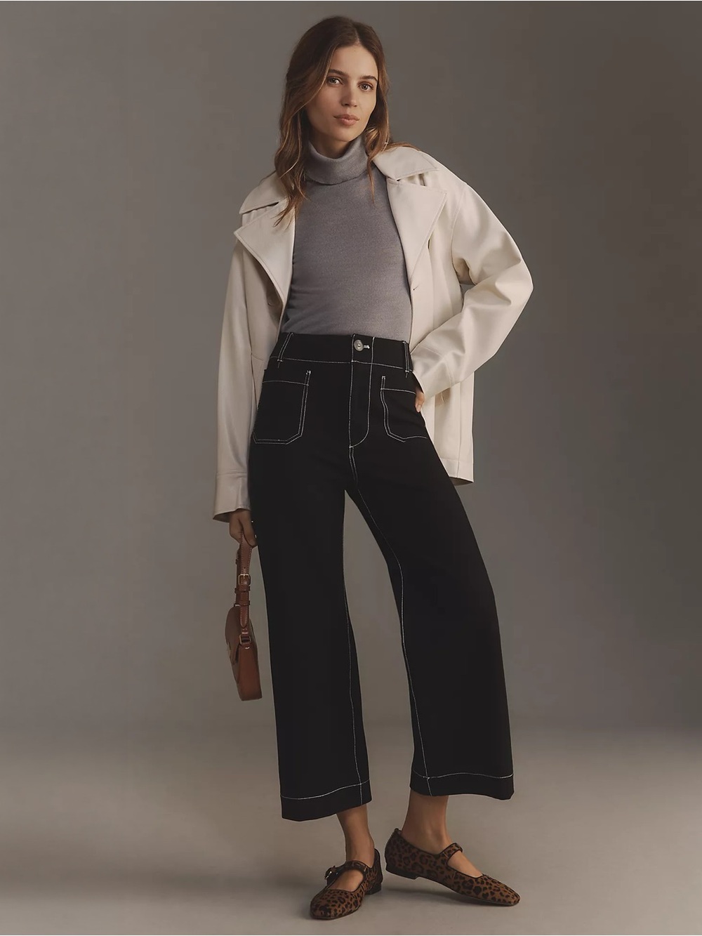 NWT - Maeve - The Colette Contrast-Stitch Linen-blend Crop Wide-leg Pant - Black